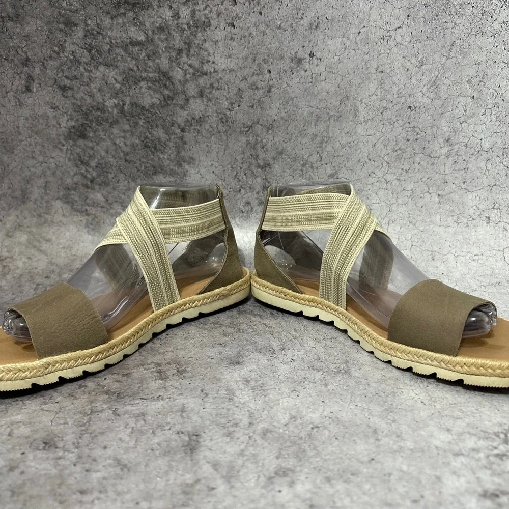 Sorel Ella II Sandal Womens 8 Khaki II Crisscross Elastic Strap Suede Espadrille